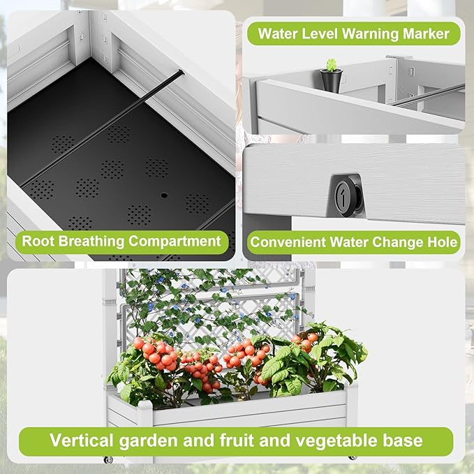 Vixzen 64 Tall Raised Garden BedOutdoor Large Resin Planter Box with Trellis and Drain Plug for Climbing PlantsEasy to AssembleWater MonitorMobility(Ashen 43.43×18.27×64.29)