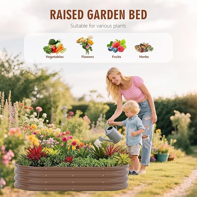 Galvanized Raised Garden Bed Kit Galvanized Planter Raised Garden Boxes Outdoor Oval Metal Raised Garden Beds for Vegetables (Brown)