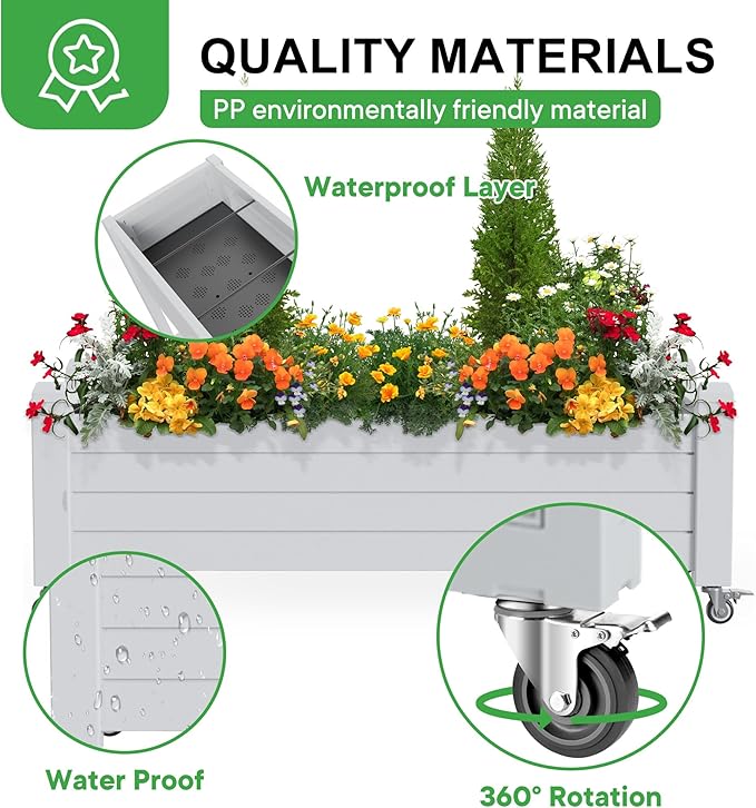 Raised Garden Bed with Wheels 21 Gallon Self-Watering Outdoor Raised Planter Box with Drainage Plug &amp Gauge for Vegetables Flowers Herbs Rustproof Resin for Backyard Patio Porch (Ashen)