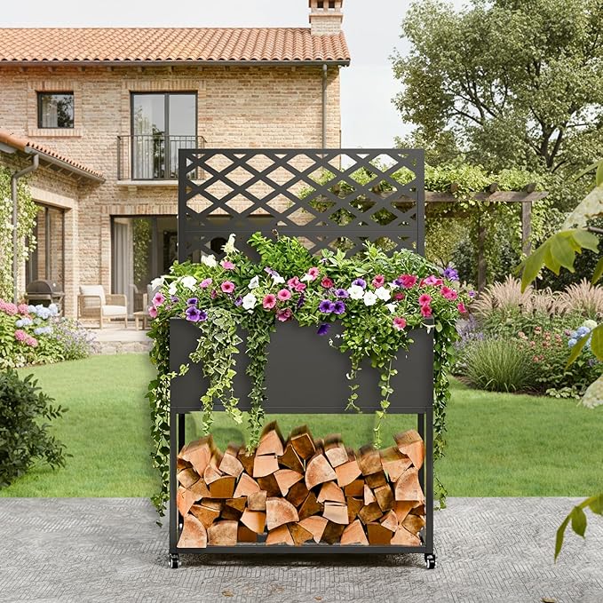 Raised Garden Bed with Trellis Metal Raised Planter Box with Trellis Privacy Planters for Patio Raised Garden Beds Outdoor Standing with Drainage Holes Wheels Black