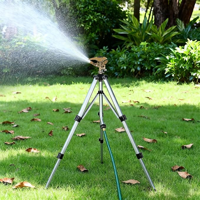 Biswing Large Impact Sprinkler Head on Tripod Base Adjustable Zinc Alloy Lawn Sprinklers for Yard Lawn Garden 3/4 NH Connector 360 Degree Large Area Coverage Irrigator with Extension Legs 2 Pack