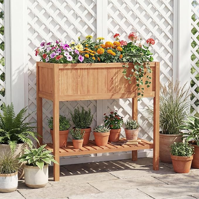 Giantex Raised Garden Bed Wood Planter Box with Plant Stand &amp Black Liner 40x20x39 Raised Bed for Indoor Outdoor Plants Vegetables Flower Herbs Fruit Gardening (2Reddish Brown)