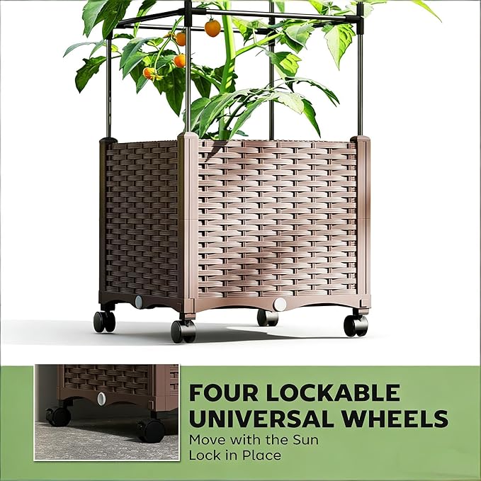 Rolling Raised Garden Bed with Attached Trellis Elevated Plant Cage for Easy-Access Gardening - No-Bend Design with Wheels Ideal for Tomatoes Cucumbers &amp Senior Gardeners