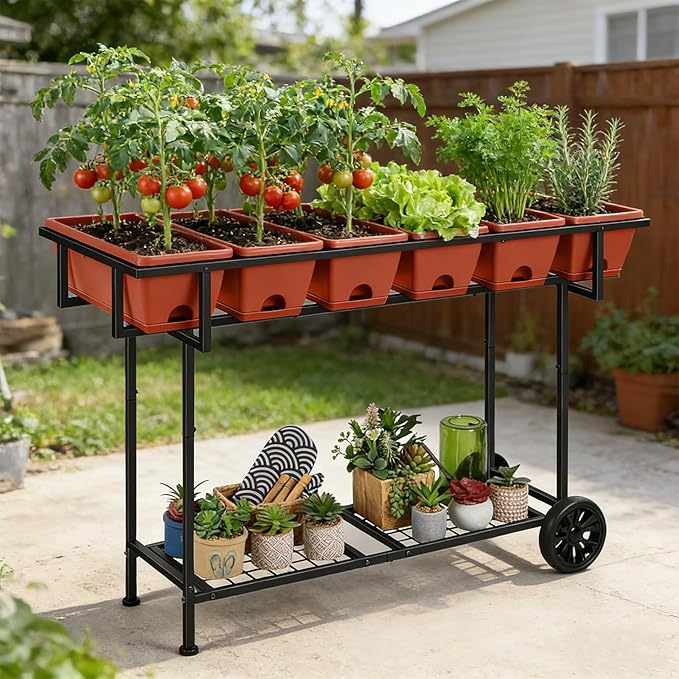 Vrisa Elevated Raised Garden Bed Outdoor with Legs 43x17x29 in Plastic Standing Planter Box with Storage Shelf and Wheels Vegetables Herbs Flowers Gardening Boxes for Backyard Patio Balcony Black
