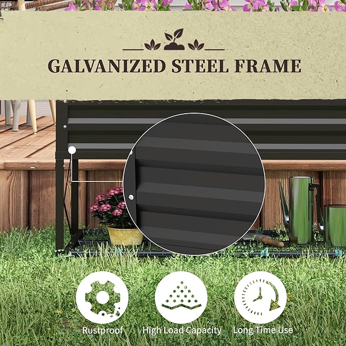 Outsunny Raised Garden Bed with Galvanized Steel Frame Storage Shelf and Bed Liner Elevated Planter Box with Legs for Vegetables Flowers Herbs Black