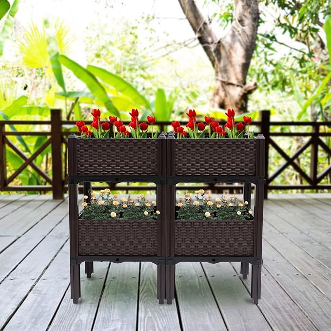 DYRABREST Set of 4 Raised Garden Bed Self-Watering Plastic Planter Box Stand with Legs Sun and Frost Resistant Planter Outdoor Vegetable Growing Bed for Flower Herb Backyard Patio Balcony