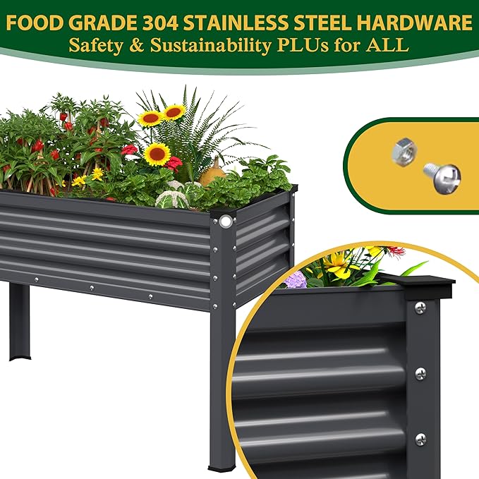 MUPATER Galvanized Steel Raised Garden Bed with Legs 48 L x 24 W x 32 H Large Metal Elevated Raised Planter Box with Detachable Black Liner for Backyard Garden Balcony Gray