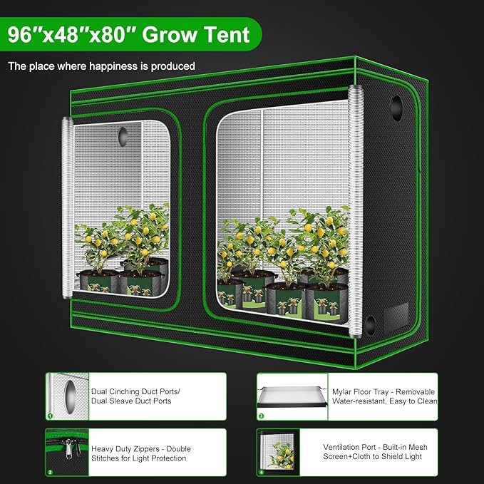 MELONFARM 4x8 Grow Tent 96x48x80 High Reflective 600D Diamond Mylar Canvas with Observation Window and Floor Tray for Hydroponic Indoor Plant Growing