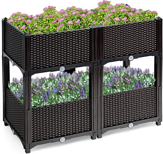 HAPPYGRILL Raised Garden Beds Set of 4 Elevated Planter Boxes with Drain Holes &amp Removable Legs Outdoor Raised Flower Bed for Patio Yard Balcony