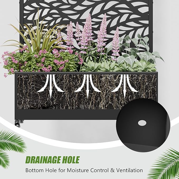 Casaphoria 72x35 Metal Raised Garden Bed with Trellis(2 Pack) Outdoor Planter Box with Wheels &amp Drainage Holes for Climbing Plants Flowers Elevated Garden Kit with Privacy Screen Black-Sprin