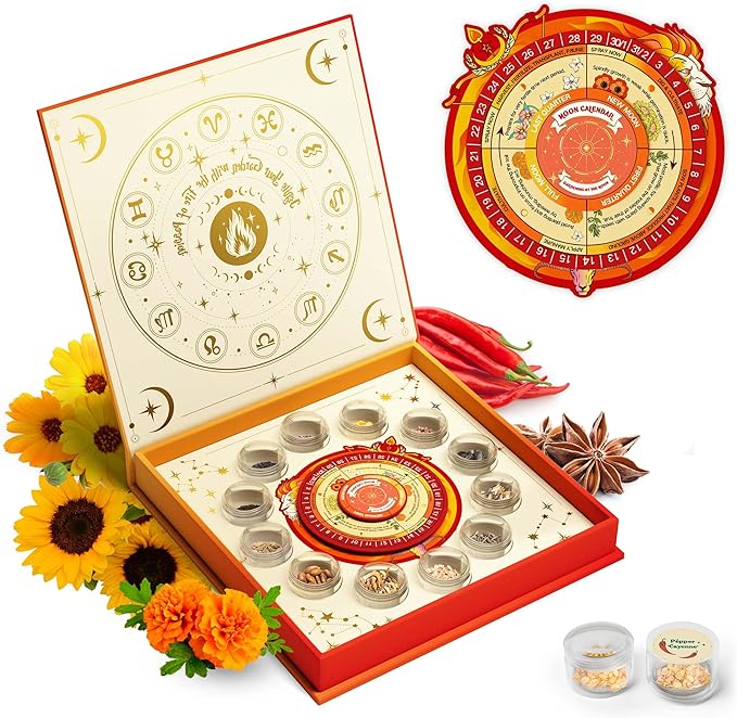 Lush&ampDew Zodiac Garden Seed Bank Gardening Gifts for Women Men 12 Varieties Non-GMO Heirloom Vegetables Flower Seeds Witchcraft Supplies with Moon Calendar for Fire Signs USDA Zone 3-11