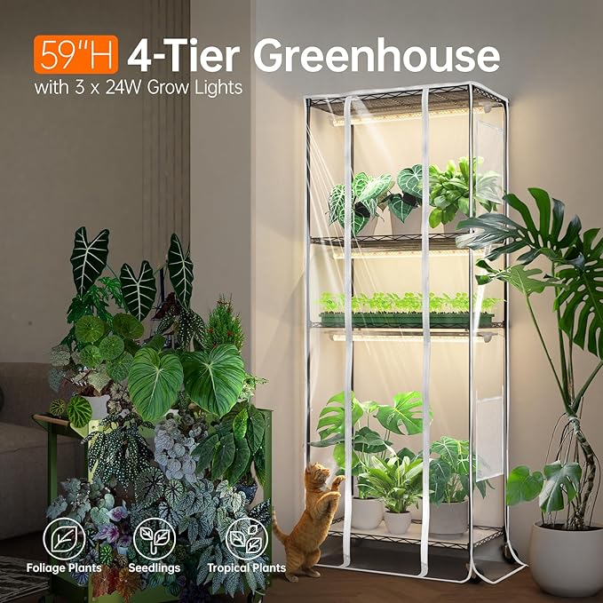 Bstrip Indoor Greenhouse with Grow Light 23.5x13.8x59 Portable Metal Greenhouse Shelves with T8 2FT Full Spectrum Grow Light &amp Timer Adjustable Plant Stand for Indoor Plant Spring Seed Start