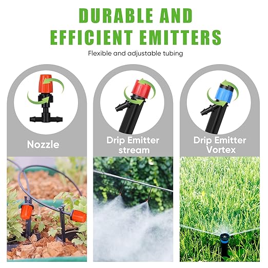 Yaomiao 394 ft Drip Irrigation System Kit 1/2 Inch Hose 1/4 Inch Distribution Tubing Drip Emitters Adjustable Misting Nozzle Barbed Fittings Patio Misting Plant Watering System for Garden Yard Lawn