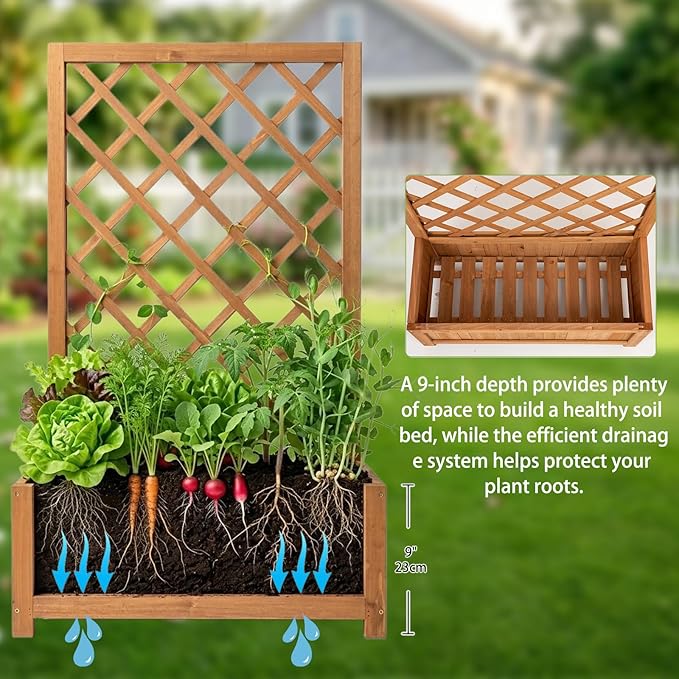 Wooden Raised Garden Bed with Trellis 40 Outdoor Planter Box for Climbing Plants Vertical Warm Brown Garden Planter for Vegetables Flowers &amp Vines Lattice Plant Support for Patio Yard Balcony