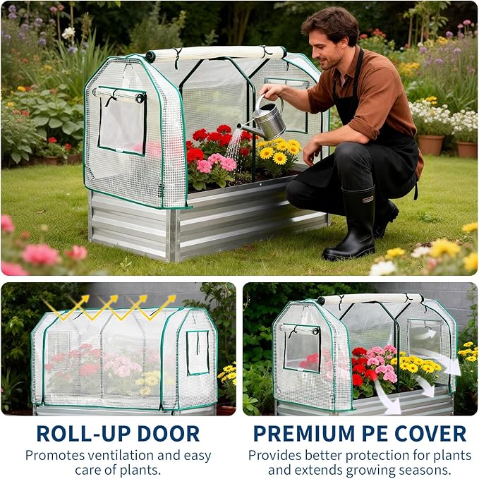 GarveeLife Raised Garden Bed with Legs Galvanized Metal Elevated Garden Bed with Cover &amp Built-in Spray Tube Raised Planter Box for Backyard Patio Balcony 48x24x55 in Silver