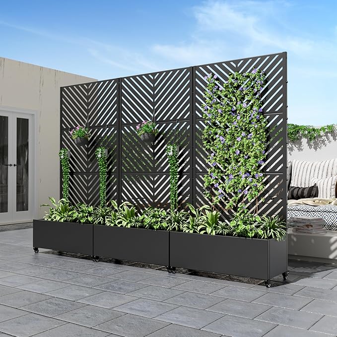 Casaphoria Metal Raised Garden Bed with Trellis and Wheels 72x35x16 Planter Box for Climbing Plants Vegetables &amp Vines Features Drainage Holes and Privacy Screen Black-Parallel