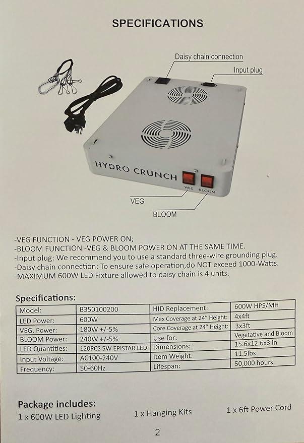 Hydro Crunch Two Led Grow Light with High Yield Diodes Full Spectrum LED Grow Lights for Indoor Plants Greenhouse Veg Bloom Light Hydroponic Grow Lamp (600 W) Two Lights Included.