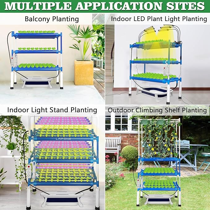 Block Light Hydroponics Growing System Kit with LED Grow Lights108 Plant Sites 3 Layers Food-Grade PVC-U Pipes for Leafy VegetablesFruits Herbs(Deluxe Version)
