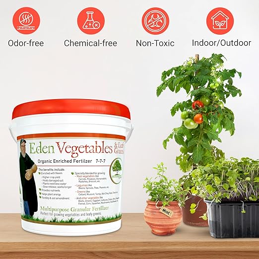 Eden Vegetables &amp Leafy Greens Organic Enriched Fertilizer - Neem Plant Food 7-7-7 Enriched Formula for Perfect Nitrogen Phosphorous &amp Potassium Balance (5 lbs)
