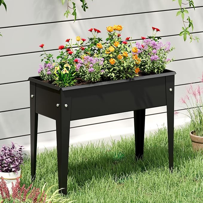 Giantex Metal Raised Garden Bed with Legs Elevated Planter Box with Drainage Holes for Vegetable Fruit Flower Herb Outdoor Standing Gardening Box for Balcony Backyard Patio Porch (24”x11”x18”)