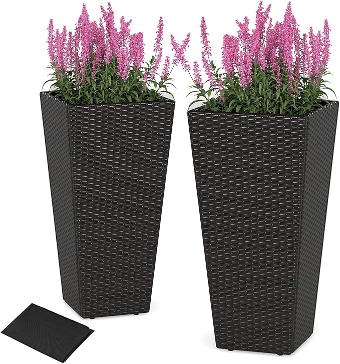 Giantex Set of 2 Outdoor Wicker Flower Pot 30 Inch Tall Planters with Drainage System PE Rattan Flower Pots Indoor Outdoor Decoration for Front Porch Balcony Entryway Dark Brown