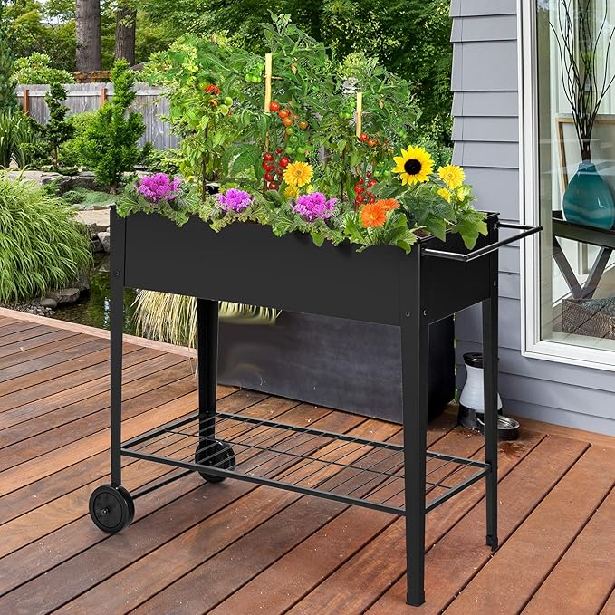 TANGZON Mobile Raised Garden Bed Metal Elevated Flower Vegetable Herb Planter Box with 2 Wheels Bottom Shelf &amp Ergonomic Handle Outdoor Grow Bed for Backyard Patio