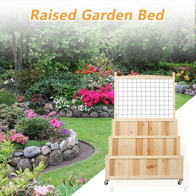 3-Tiers Raised Garden Bed with Trellis 53 H Vertical Planter Box with Wheels &amp Back Storage Area for Flowers Vegetables Herbs Natural