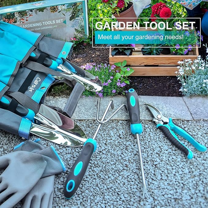 Gardening Tools Carsolt 10 Piece Heavy Duty Stainless Steel Garden Tools Set with Ergonomic Rubber Handle. Variety of Gardening Hand Tools with Gift Box Ideal Garden Gifts for Women