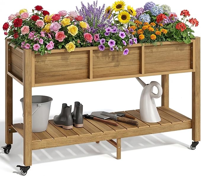 YITAHOME Raised Garden Bed HDPE 47x18x31In Herb Garden Bed Poly-Wood Weather-Resistant Elevated Planter Box with Lockable Wheels &amp Storage Shelf for Vegetable Flower Brown