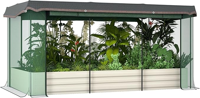 Outsunny 7.3 x 3.4 x 1 ft Galvanized Raised Garden Bed with Crop Cage Plant Protection Net and Shade Cloth Roof Metal Planter Box with Cover for Vegetables Flowers Herbs Beige