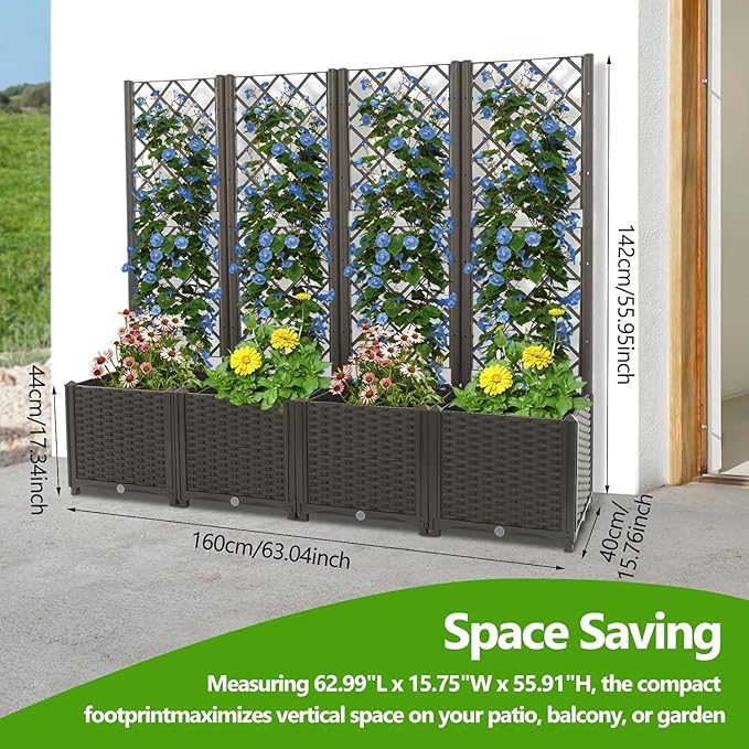 4 PCS Plastic Plant Box with Trellis Raised Garden Bed with Trellis Multifunctional Privacy Screen Planter for Climbing Plant Patio Balcony Backyard 63x16x56