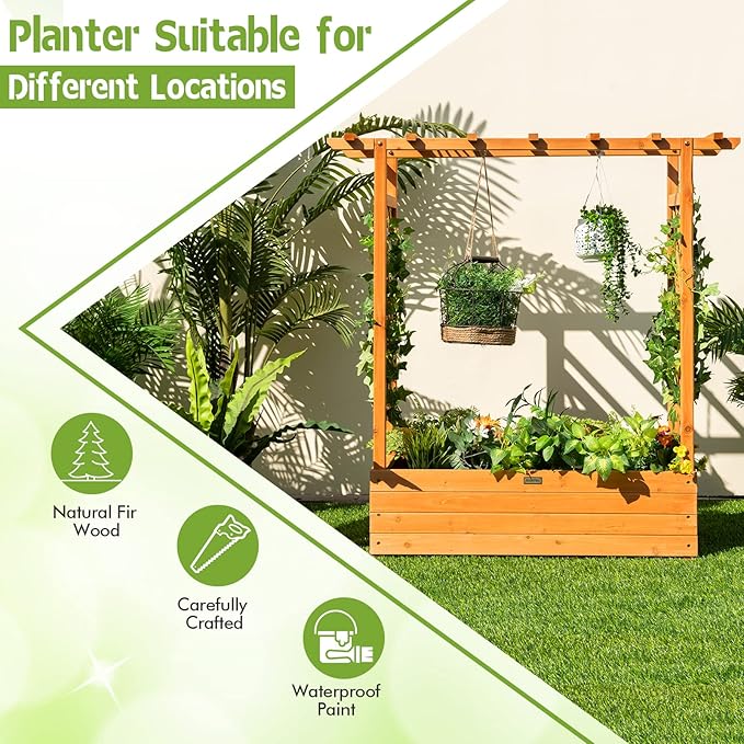 Giantex Raised Garden Bed with Trellis Wood Planter Box with Roof &amp Side Trellis Drain Holes Elevated Raised Bed with Trellis for Climbing Plant and Pot Hanging Indoor Outdoor Patio Balcony