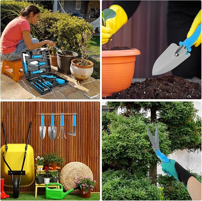 Gardening Tool Set 11 Pieces Gardening Tools with Carrying Case Garden Tool Kit for Digging Planting Pruning Unique Gardening Set with Gloves for Women and Men (Blue)