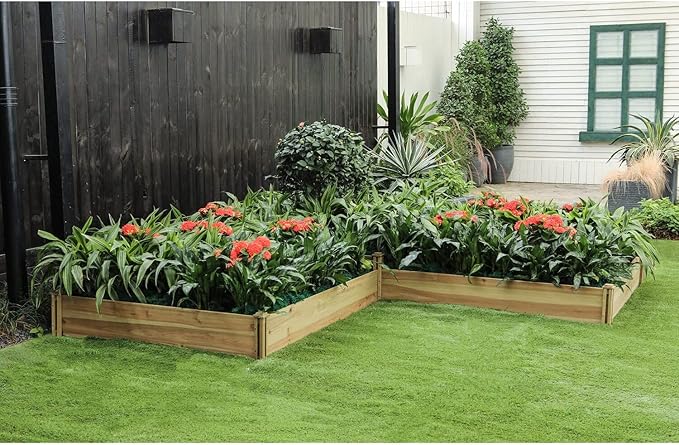 LuxenHome Wood 3 Section Raised Garden Bed 110 L-Shape Raised Garden Bed Fir Wood Planting Bed Solid Wood for Vegetable Flower Herbfor Outdoor Lawn Yard Patio Use