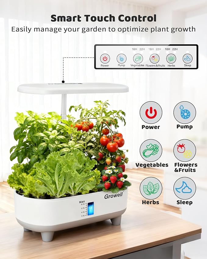Hydroponics Growing System Kit 16 Pods Vertical 8L Indoor Gardening System for Herb Vegetable Fruit with LED Grow Light Smart Water Circulation 3 Light Modes &amp 2 Timer White