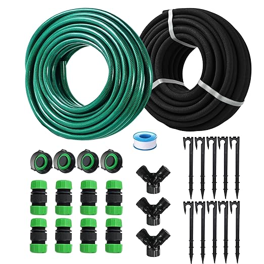Customizable Soaker Hose System 1/2inch 75ft Rubber Hose with 50ft PVC Garden Hose Drip Irrigation Watering Hose with Reinforced Fittings for Flowers Bed Foundation Lawn Vegetable Tree