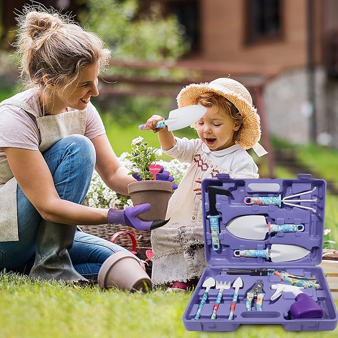 Garden Tool Set Stainless Steel Heavy Duty Gardening Tools 30 PCS w/Floral Print Trowel Rake Weeder Pruner Shears Sprayer Digging Claw Gloves Ideal Gardening Set for Women