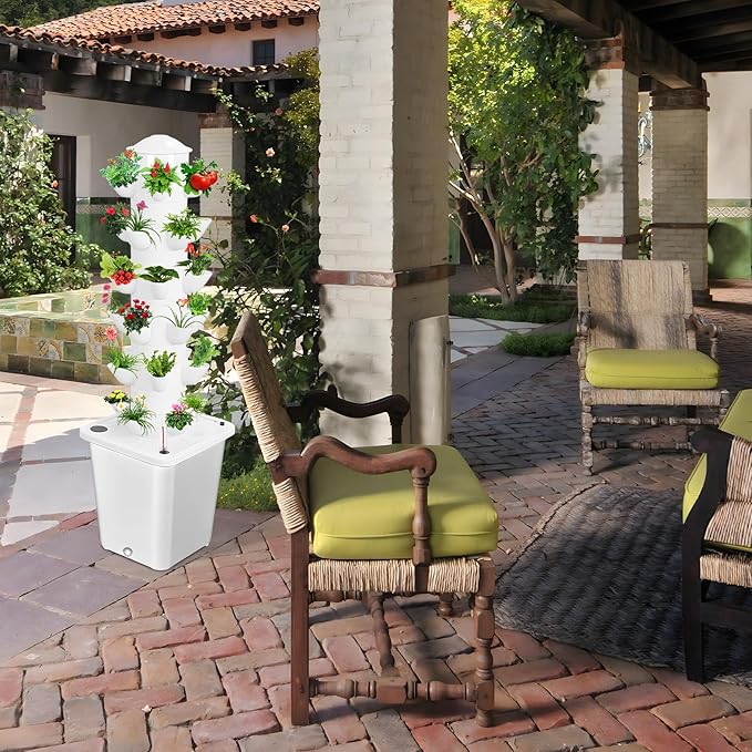 30 Plants Hydroponic Growing System Kit Vertical Hydroponic Tower Movable Garden Hydroponic System Indoor Gardening Systems with 10L Water Tank Wheels for Indoor Outdoor Vegetables Fruits (White)
