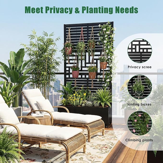 Metal Planter Box with Trellis Privacy Screen Raised Garden Bed with Wheels Privacy Planters for Patio Planter Box for Climbing Plants Flower 70.87x35.43x15.75 Inch (01)