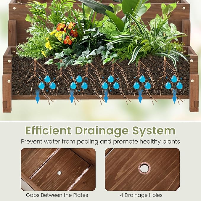 2 Pieces Raised Garden Bed with Trellis 2-Tier Wooden Elevated Planter Box with Legs Hemp Rope &amp Drainage Holes Raised Plant Bed for Backyard Garden Lawn