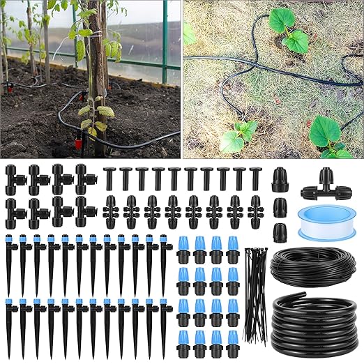 QWORK 230FT Drip Irrigation System Automatic Sprinkler System Kit Garden Watering System 10-Minute Install Microdroplets &amp Adjustable Modes
