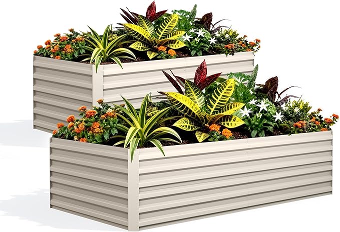 Garvee 2PCS 6x3x2ft Galvanized Raised Garden Bed OutdoorRust-Resistant Raised Garden Beds for Gardening Easy Assembly Outdoor Garden Box &amp Planters Beige