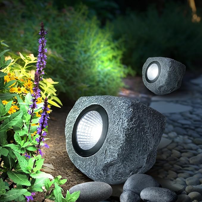 4 Pack Solar Garden Rock Lights Outdoor 20 LM Bright White Spotlights with Auto On/Off IP65 Waterproof 6000K Led Solar Powerd Landscape Stone Lights for Pathway Walkway Yard Patio