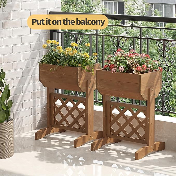 Raised Garden Bed with Diamond Lattice TrellisWood Planter Box Stand for Backyard Patio BalconyOutdoors (Brown)