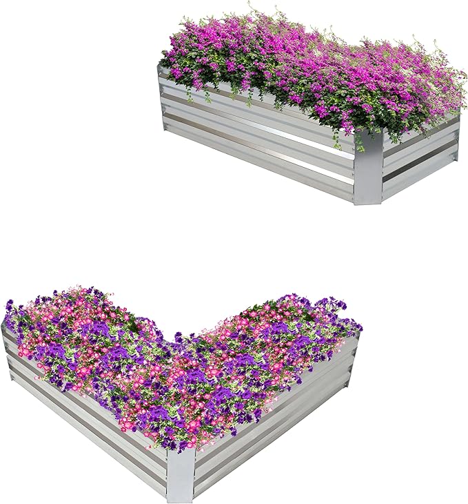 Sunnydaze Silver Galvanized Raised Garden Beds - 12” H L-Shaped and 48 W x 24 D x 12 H Rectangle
