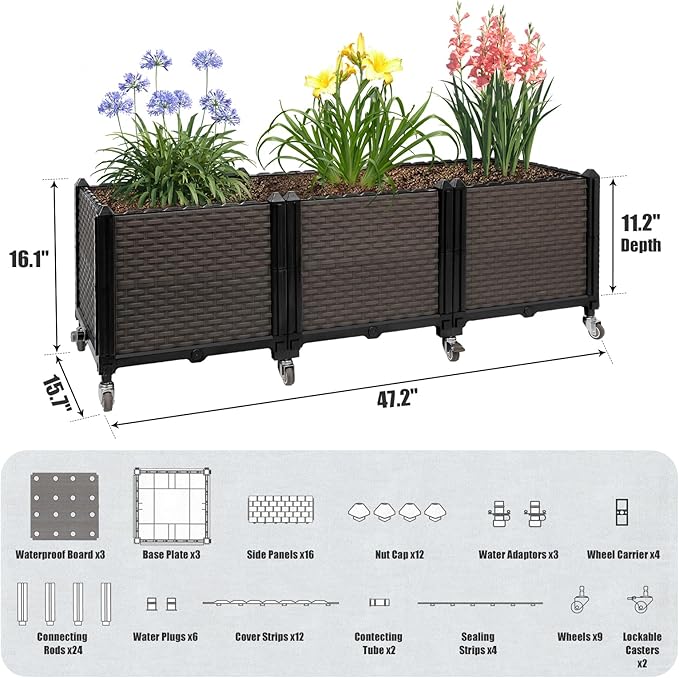 Raised Plant Box with Wheels 47.2x15.7x16.1 Raised Beds for Gardening Self Watering Durable Metal Lockable Casters Rectangular Garden Planter Perfect for Garden Patio Balcony Deck
