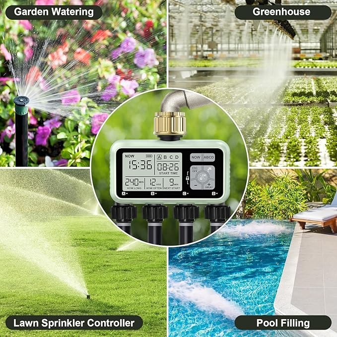 Watering Timer 4 Zone with with Brass Inlet Sprinkler Timer Programmable Garden Outdoor Hose Faucet Timers with Rain Delay/Manual/Automatic Watering SystemWater Hose Irrigation Timers 4 Outlet