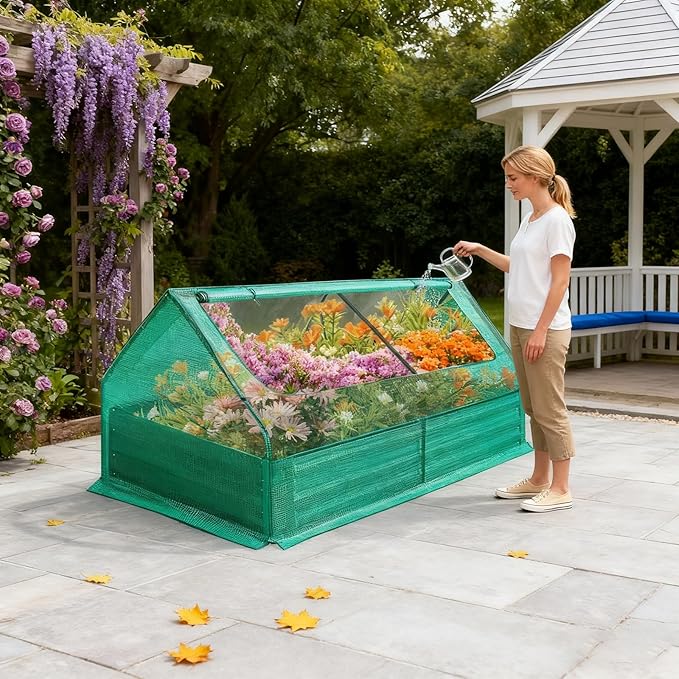 Greenhouse Raised Bed Heavy Duty 0.6mm Corrugated Steel Garden Planter Weatherproof Cover Protects from Sun Rain Frost Wind for Year-Round Vegetable Gardening