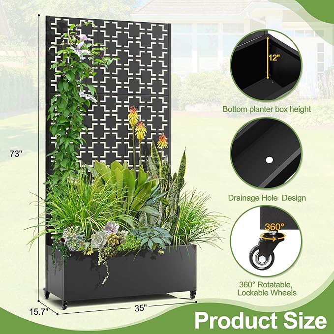 Raised Garden Bed with Trellis and Wheels73x35x16 Metal Raised Garden BedBlack Squared Metal Planter with Climbing Trellis for Vines &amp Vegetables