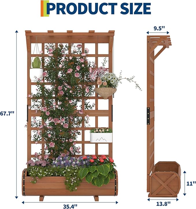 GarveeLife 67 h Raised Garden Bed with Trellis &amp Roof - Wooden Planter Box with Drainage Freestanding Outdoor Garden Box for Climbing Vines Vegetables Flowers - Perfect for Yard Patio Balcon